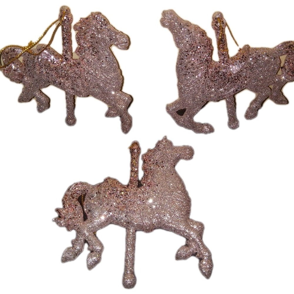 Lot of 3 Carousel Horse Christmas Tree Ornaments Champagne Rose Gold Glitter NEW